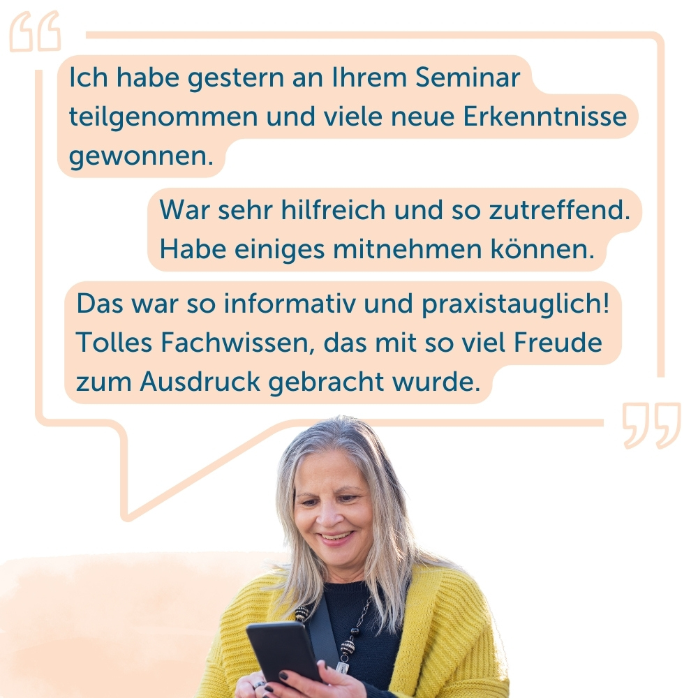 Infografik mit Sprechblase: Ich habe gestern an Ihrem Seminar teilgenommen und viele neue Erkenntisse gewonnen.